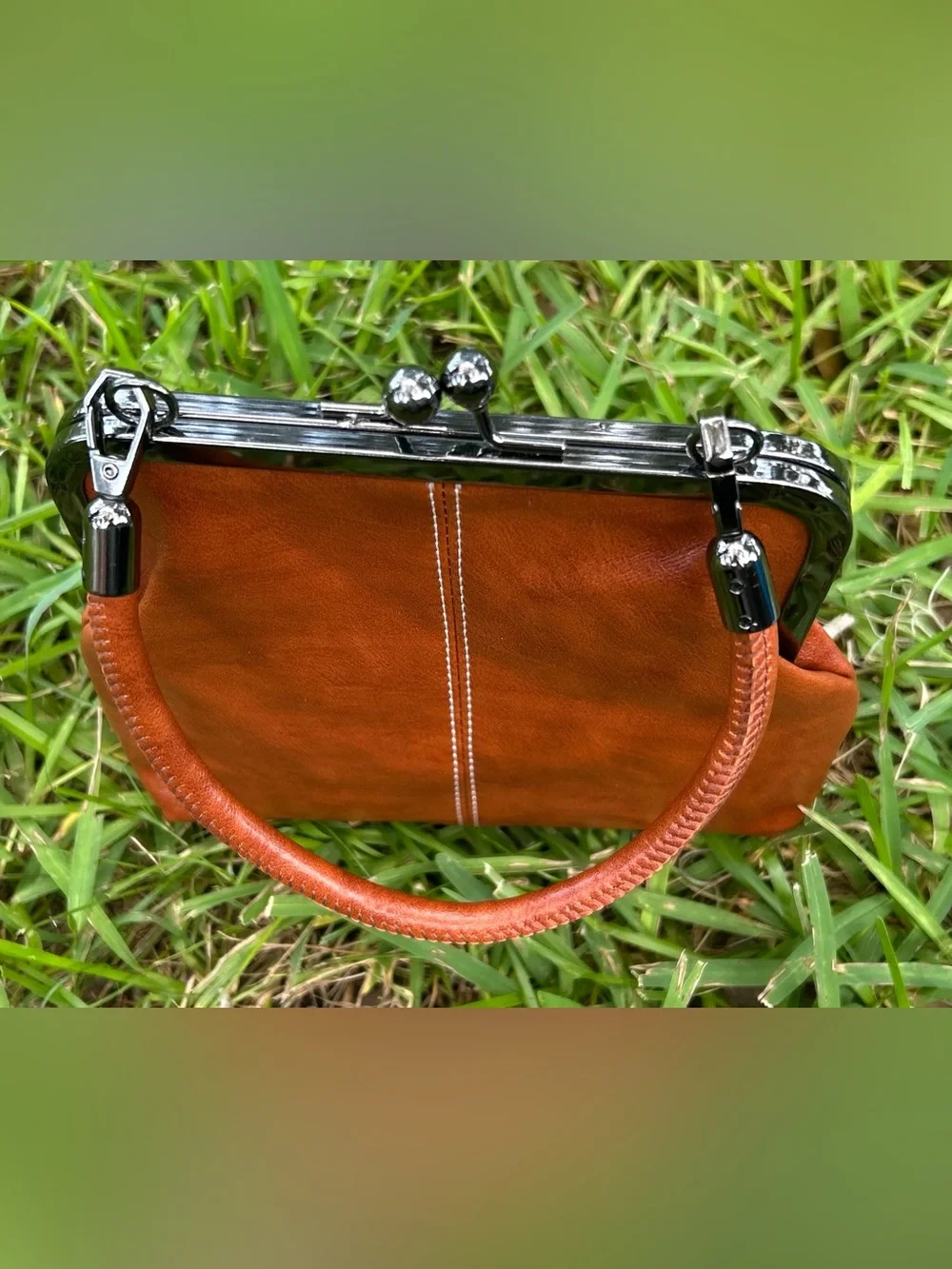 Classic Brown Leather Kiss-Lock Handbag - Women's Bag
